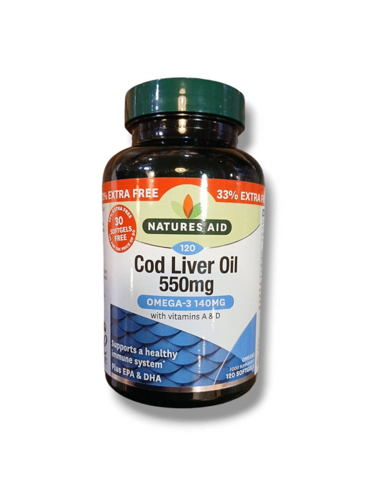 Natures Aid Cod Liver Oil 550mg Omega3 140mg VitaminC and D 120 Softgels - Healthy Living